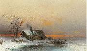 wilhelm von gegerfelt Winter picture with cabin at a river Sweden oil painting artist